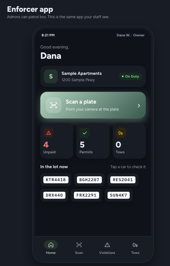 TallyPark enforcer app with scan-a-plate action and in-lot vehicle cards